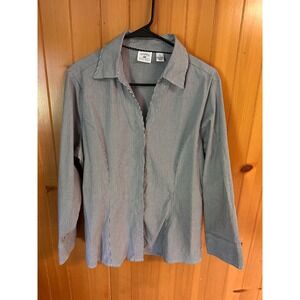 Riders by Lee Womens Navy Blue White Office Career Pinstripe Button Down Shirt L